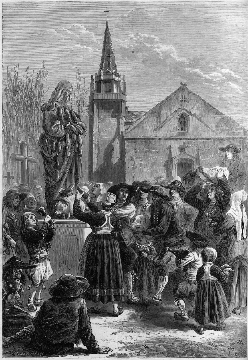 ब्रेटन रिवाज: "फेस्टार गोएडगेनन" या "भ्रूण डेस बॉडिन्स" एक गाँव के निवासी मोज़े के साथ सेंट एंथोनी द ग्रेट (या सेंट एंथोनी द हर्मिट या सेंट एंथोनी द एबे) की मूर्ति को कवर करते हैं। कुछ किसान सुअर का सिर लाते हैं। "" ले मोना मे द्वारा फ्रेंच स्कूल