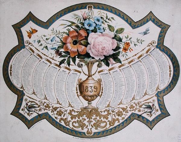 1839 के लिए कैलेंडर, गोडेफ्रॉय एंगेलमैन (1788-1839) द्वारा उकेरा गया, c.1838 (कलर लिथो) द्वारा फ्रेंच स्कूल