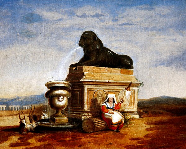 रोमन की कैप्रिसियो एक इतालवी किसान महिला कताई के साथ बनी हुई है, c.1825 (बोर्ड पर तेल) द्वारा फ्रेंच स्कूल