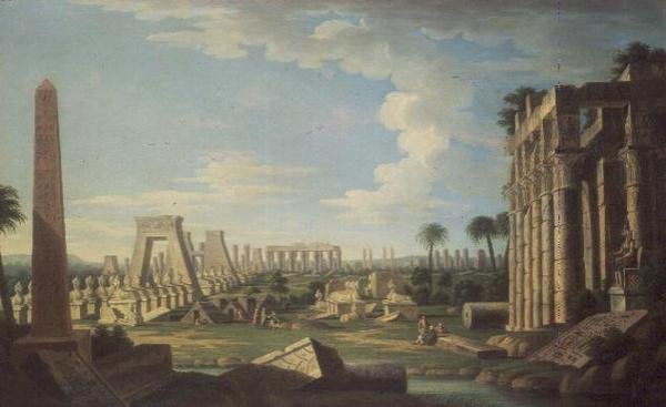 मिस्र के खंडहर के साथ Capriccio (पैनल पर तेल) द्वारा फ्रेंच स्कूल