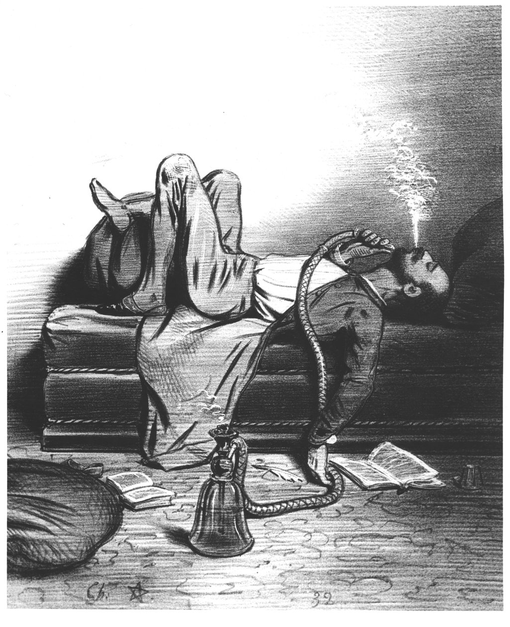 हाशिष में उनकी प्रेरणा को खोजते हुए रोमांटिक लेखक का कैरिकेचर, सी। 1849 द्वारा फ्रेंच स्कूल