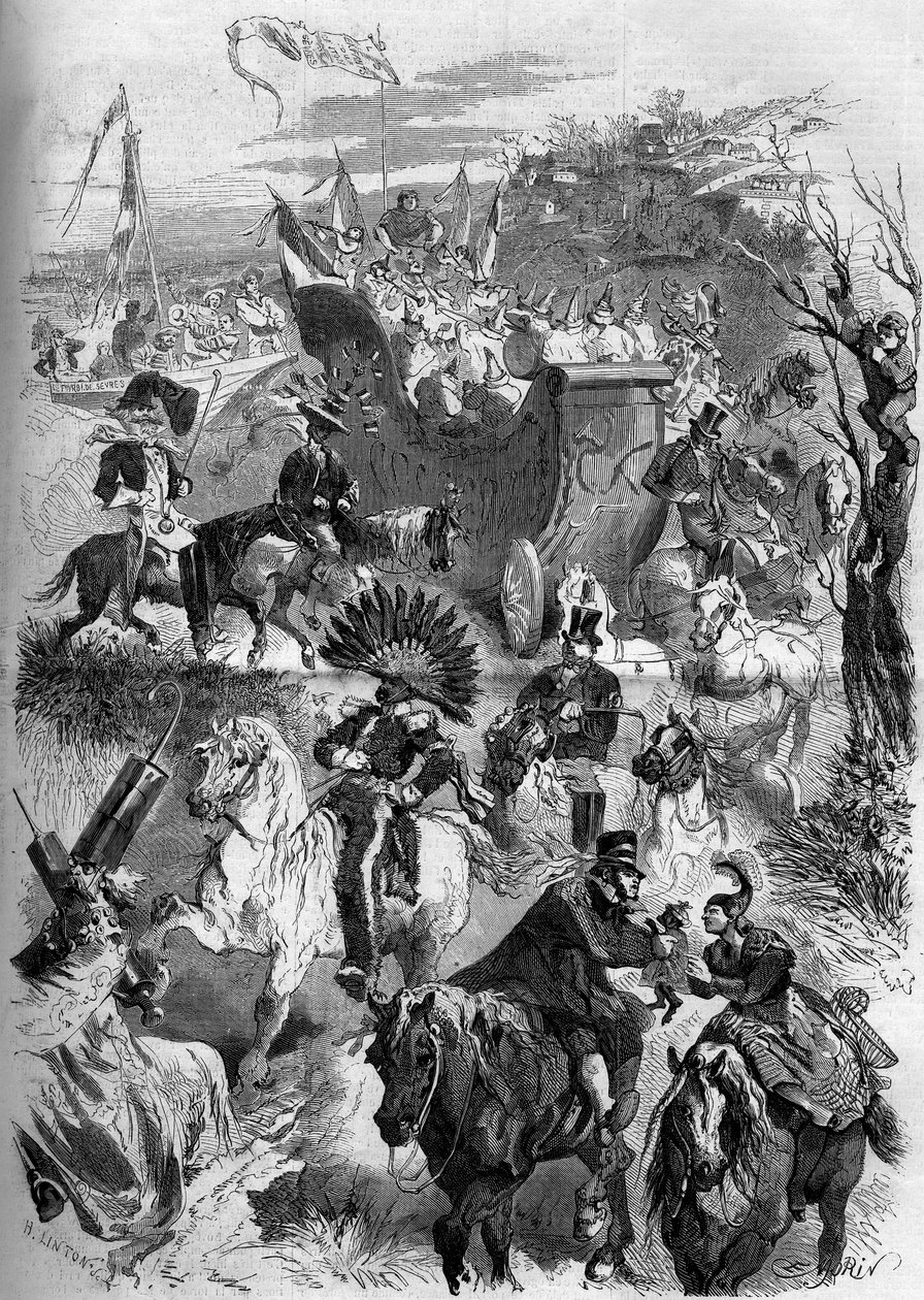 मार्डी ग्रास, फ्रांस का कार्निवल, ८ मार्च १८५९: सेव्रेस के मुखौटे के पेरिस में उतरना। 19 मार्च 1859 के "" ले मोंडे इलस्ट्र्रे "" n ° 100 में उत्कीर्णन। द्वारा फ्रेंच स्कूल