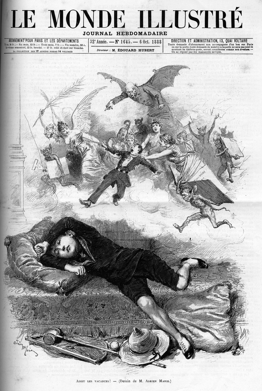1888 में कक्षा किराये पर आने वाली छुट्टियों के अंत से एक युवा स्कूली छात्र का कार्टून। द्वारा फ्रेंच स्कूल