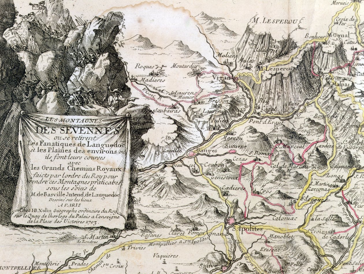 Cevennes क्षेत्र के नक्शे से कार्टोच, 1703 द्वारा फ्रेंच स्कूल