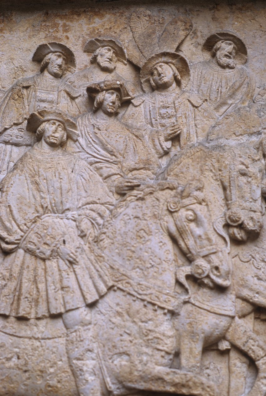 होटल डी बोग्थरथोले, रूएन, नॉरमैंडी, 1501-37 से फील्ड ऑफ गोल्ड के चित्रण वाले आंतरिक आंगन में नक्काशीदार पत्थर राहत द्वारा फ्रेंच स्कूल