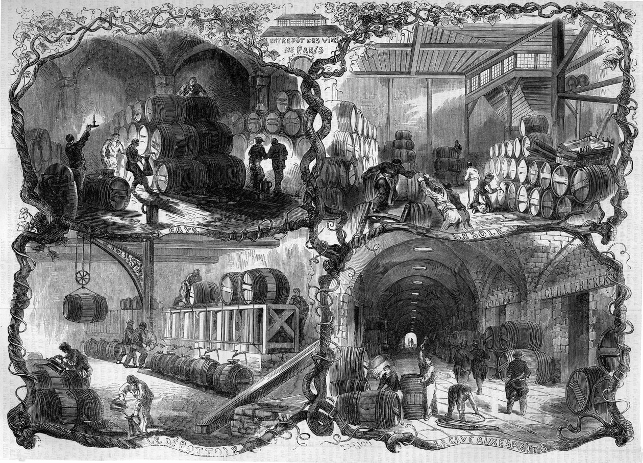 पेरिस में वाइन और eaux-de-vie (eaux-de-vie) के लिए गोदाम के तहखाने; 1858। 27 फरवरी 1858 के "" ले मोंडे इलस्ट्र्रे "" एन ° 46 में उत्कीर्णन। द्वारा फ्रेंच स्कूल