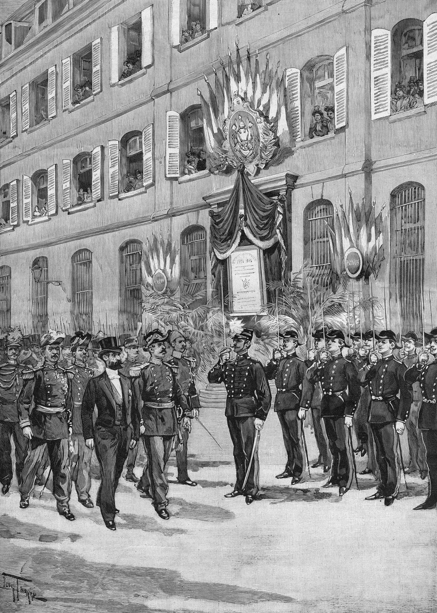 इकोले पॉलीटेक्निक की शताब्दी: साडी कार्नोट (1837-1894), छात्रों की समीक्षा करने वाले फ्रांसीसी राष्ट्रपति, पेरिस 1894। द्वारा फ्रेंच स्कूल