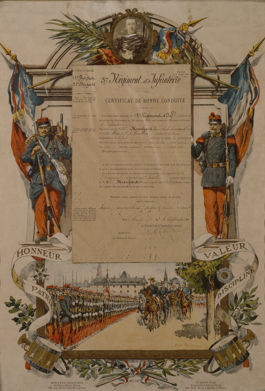 अच्छे व्यवहार का प्रमाण पत्र, 37 वीं इन्फैंट्री रेजिमेंट, 1896 द्वारा फ्रेंच स्कूल