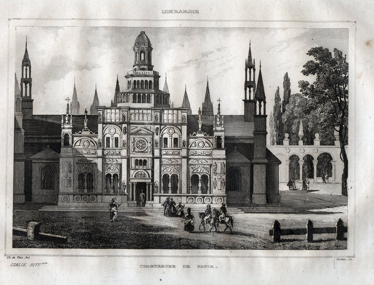 Certosa di Pavia - Pavia का चार्टरेस - "" सुरम्य इटली "" से उत्कीर्णन एम। डी नॉरविंस द्वारा, Ch। नोडियर 1834-1836। द्वारा फ्रेंच स्कूल