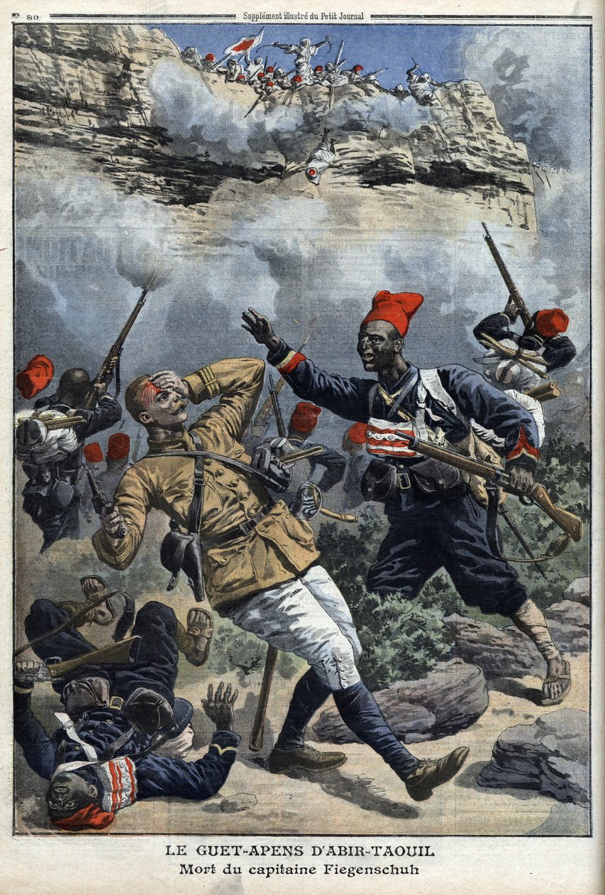 चाड, अबीर तौइल (अबीर-तौइल) पर घात, कैप्टन फिगेन्सचुह की मृत्यु, 'ले पेटिट जर्नल' से चित्रण, पूरक चित्रण, 6 मार्च 1910 द्वारा फ्रेंच स्कूल