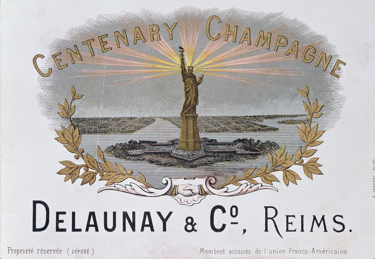 Delaunay & Co. के घर से शैम्पेन लेबल, अमेरिकी स्वतंत्रता का शताब्दी समारोह मनाते हुए और स्टैचू ऑफ़ लिबर्टी का चित्रण करते हुए, c.1876 द्वारा फ्रेंच स्कूल