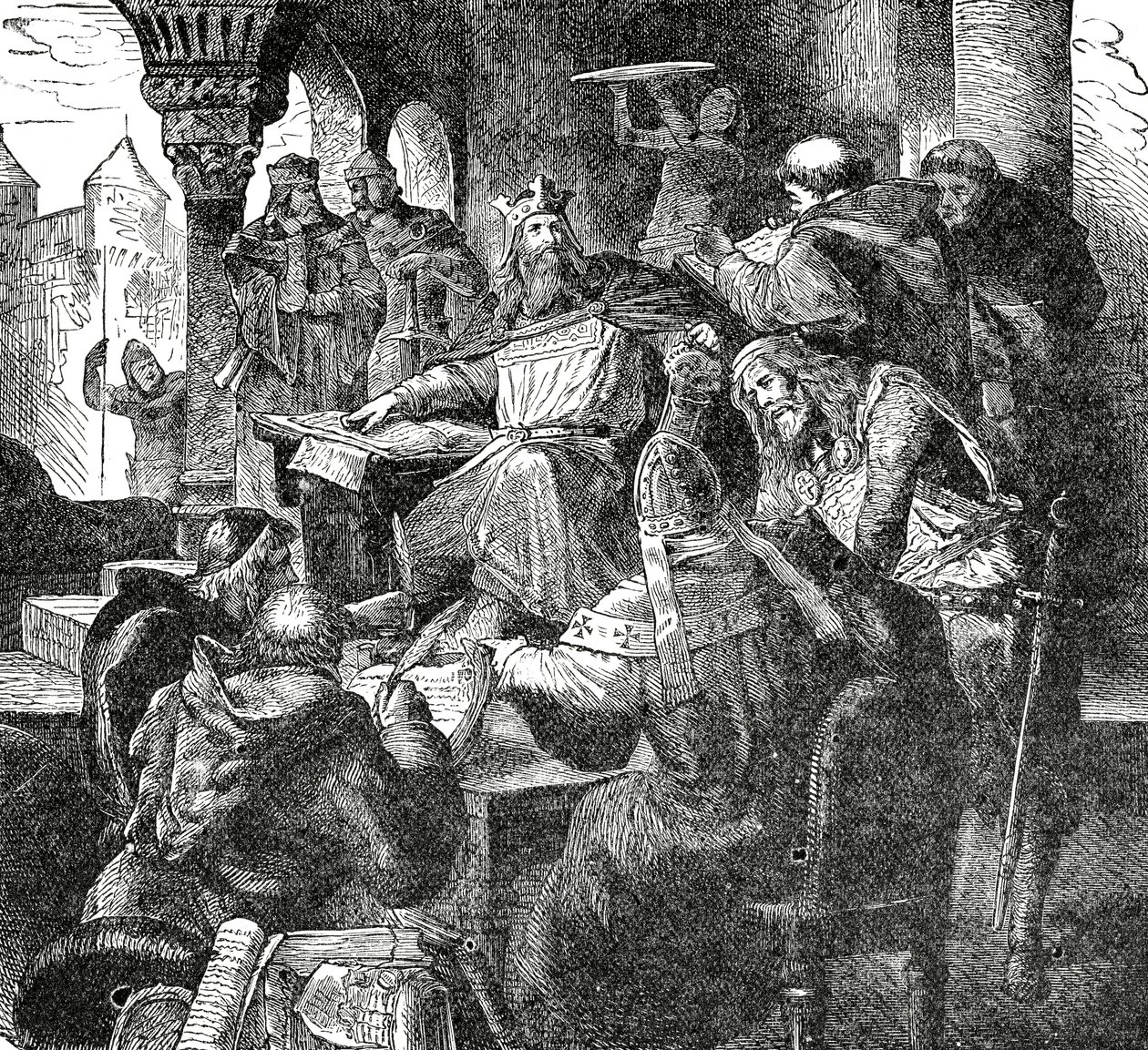 आचेन में अपने पैलेस स्कूल के विद्यार्थियों और शिक्षकों के साथ शारलेमेन, c.1890 द्वारा फ्रेंच स्कूल