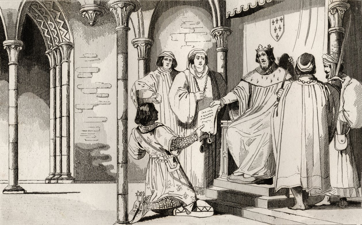 चार्ल्स IV (1294-1328) हैंडसम ने अदालत में एक दलील प्राप्त की, कोल&39;आर्ट से&39;हिस्टोएरे डी फ्रांस &39;, c.1840 (उत्कीर्ण) द्वारा फ्रेंच स्कूल