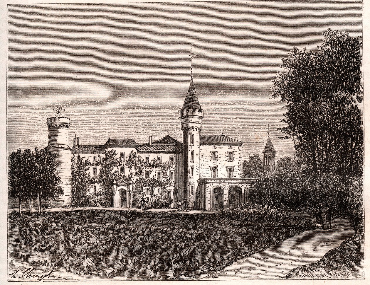 Chateau de Lamartine - 71520 सेंट पॉइंट - VA माल्ट-ब्राउन द्वारा "ला फ्रांस इलस्ट्रेशन: भूगोल, इतिहास, सांख्यिकीय प्रशासन" में उत्कीर्णन। १८८४ द्वारा फ्रेंच स्कूल