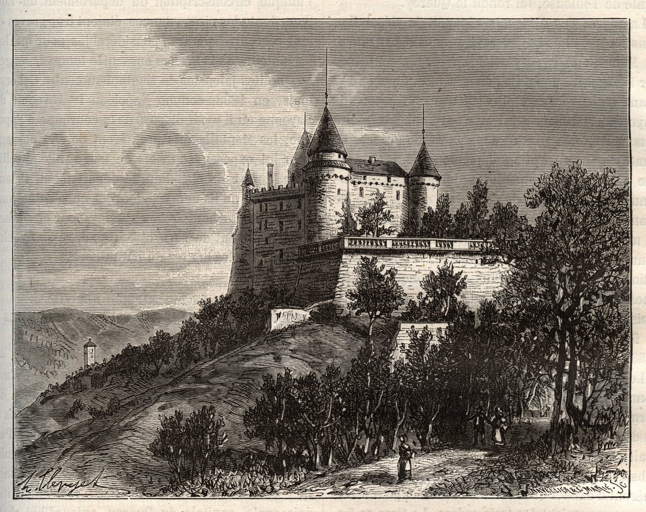 Chateau de Mercues - Cahors - VA माल्ट-ब्राउन द्वारा "ला फ्रांस चित्रण: भूगोल, इतिहास, सांख्यिकीय प्रशासन" में उत्कीर्णन। १८८४ द्वारा फ्रेंच स्कूल