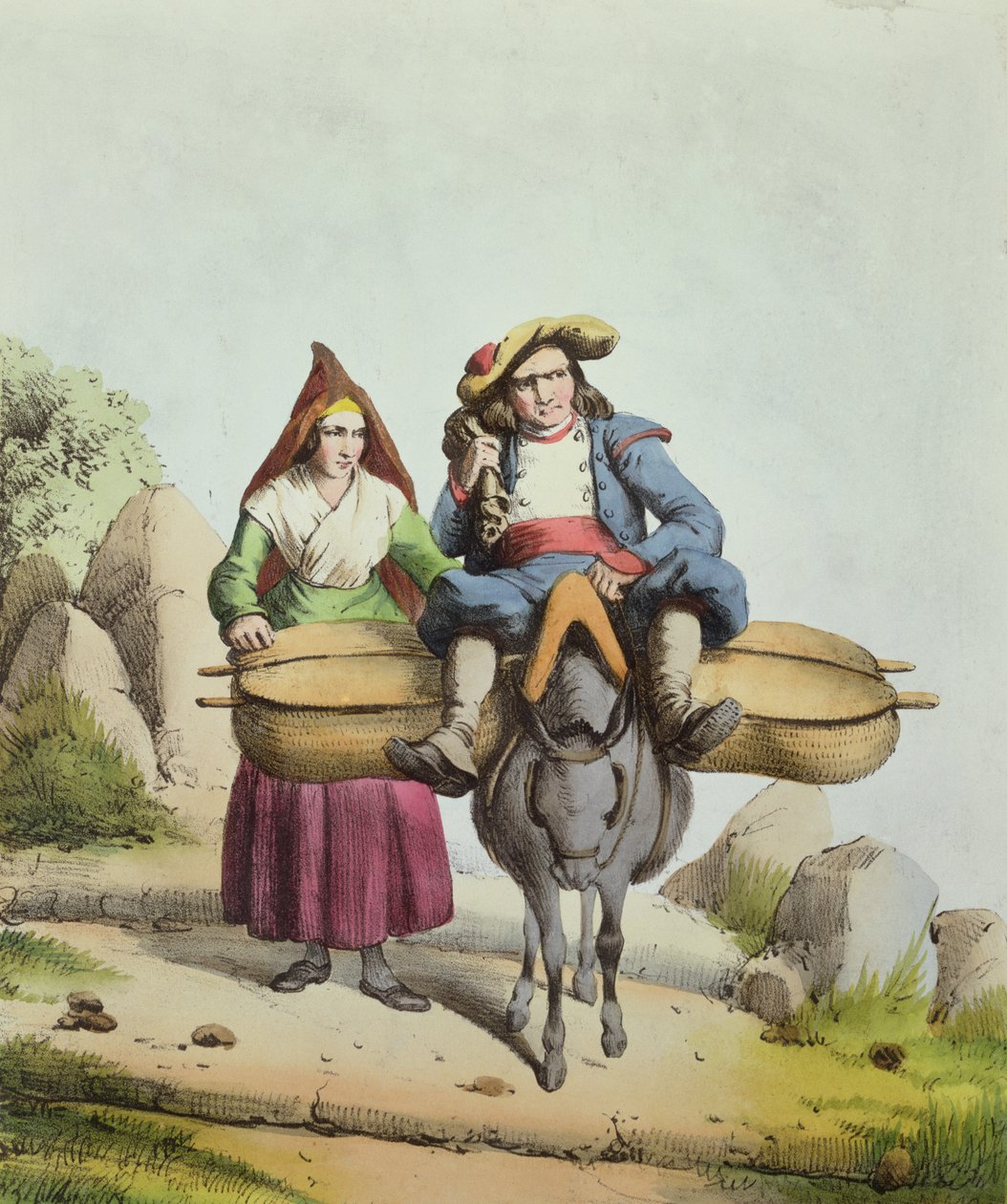 Tarbes क्षेत्र के पनीर विक्रेता, c.1840 (रंग उत्कीर्णन) द्वारा फ्रेंच स्कूल