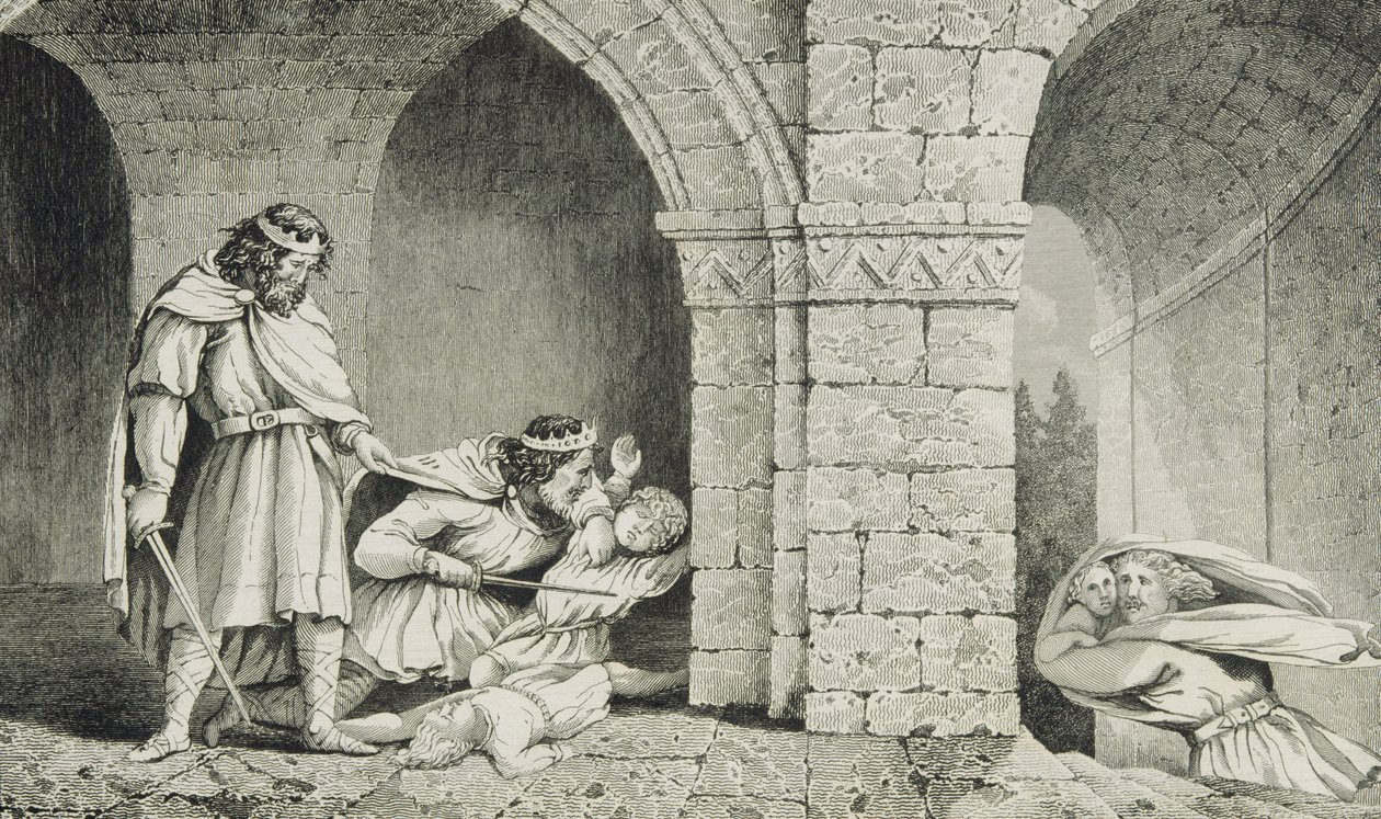 चाइल्डबर्ट I (c.498-588) अपने भाइयों के वारिस के मर्डर पर, कोल्ट द्वारा &39;हिस्टॉयर डी फ्रांस&39; से प्रकाशित, c.1840 द्वारा फ्रेंच स्कूल