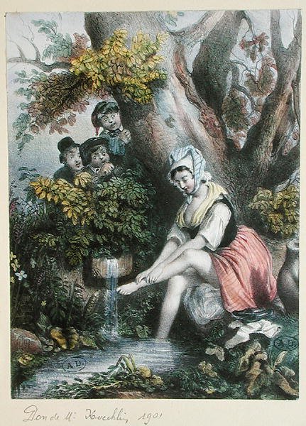 नाले में पैर धोती युवती की जासूसी करते बच्चे। सी। 1840 (रंग लिथो) द्वारा फ्रेंच स्कूल