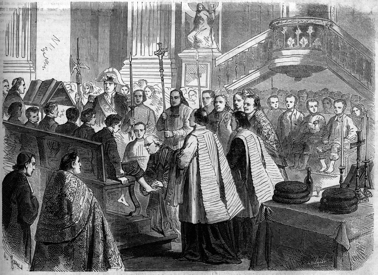 ईसाई संस्कार - पवित्र गुरुवार - 1860: पेरिस में सेंट सल्पाइस के चर्च में पैरों की धुलाई। 7 अप्रैल 1860 के "" ले मोंडे इलस्ट्र्रे"" एन ° 156 में उत्कीर्णन। द्वारा फ्रेंच स्कूल