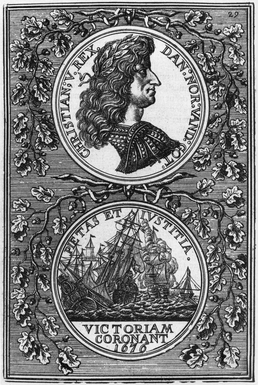 डेनमार्क और नॉर्वे के राजा क्रिश्चियन वी (1646-99), पेरिस, 1683 में प्रकाशित एलेन मैनसन मैलेट (1630-1706) द्वारा विवरण डी लुनिवर्स से चित्र द्वारा फ्रेंच स्कूल