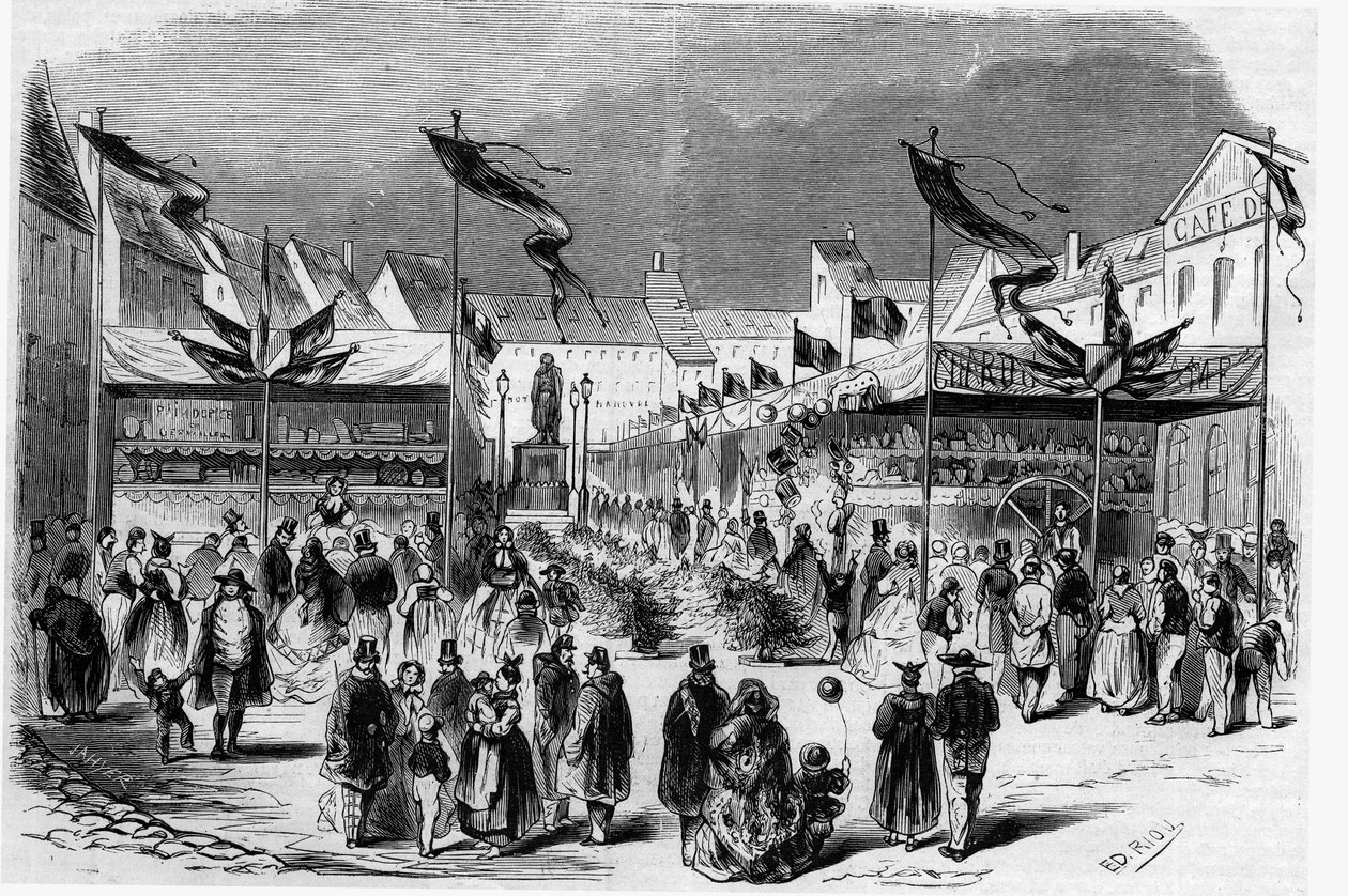 अलसैस में क्रिसमस का त्योहार: 1857 में स्ट्रासबर्ग में क्रिसमस मेला (लिटिल जीसस का)। 2 जनवरी के "ले मोंडे इलस्ट्रे" में एन ° 38 में उत्कीर्ण द्वारा फ्रेंच स्कूल