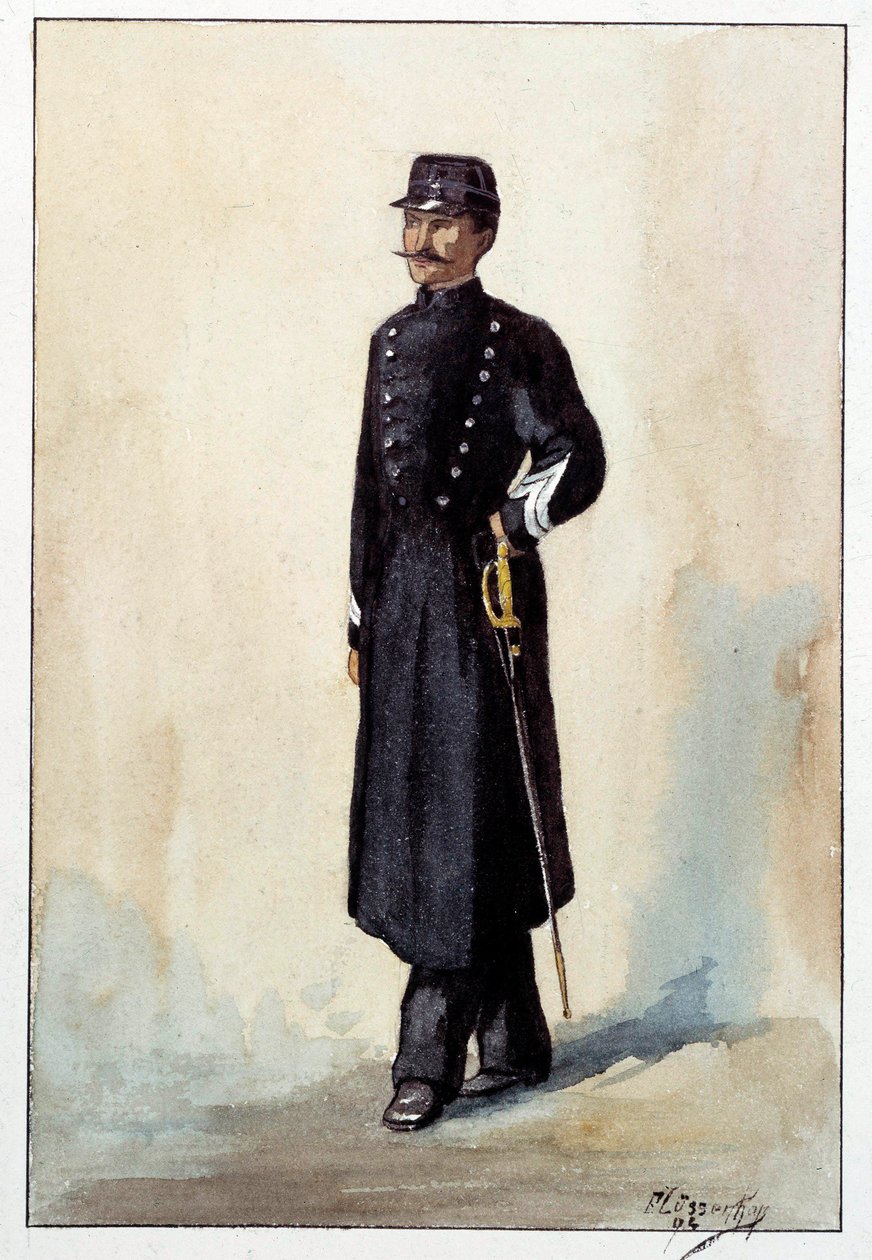 द्वितीय गणराज्य के तहत सिटी सार्जेंट पुलिस की वर्दी। 1870 के आसपास जल रंग द्वारा फ्रेंच स्कूल