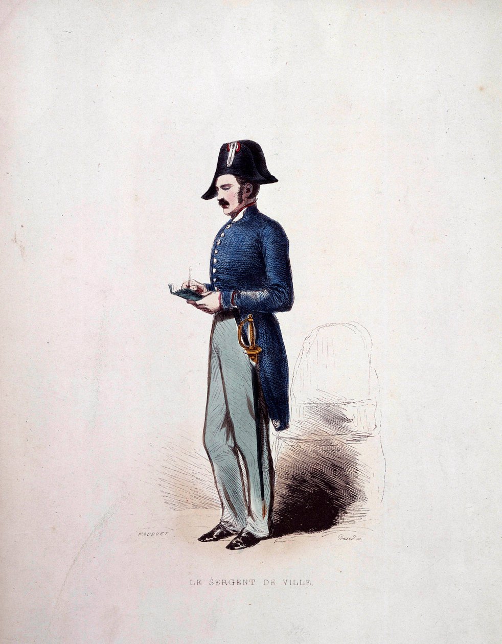 जुलाई (1830-1848) 19वीं सदी के राजशाही के तहत पुलिस बलों के सदस्य की सिटी सार्जेंट वर्दी द्वारा फ्रेंच स्कूल