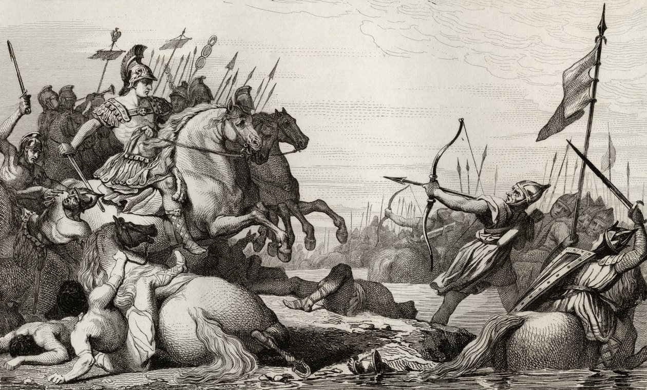 क्लोडियन, द हेयरी (c.428-47) कोलारस के &39;हिस्टोइरे डी फ्रांस&39; से एसेटियस द्वारा अपनी हार के बाद ब्रिज के पार रिट्रीट करता है, c.1840 प्रकाशित द्वारा फ्रेंच स्कूल