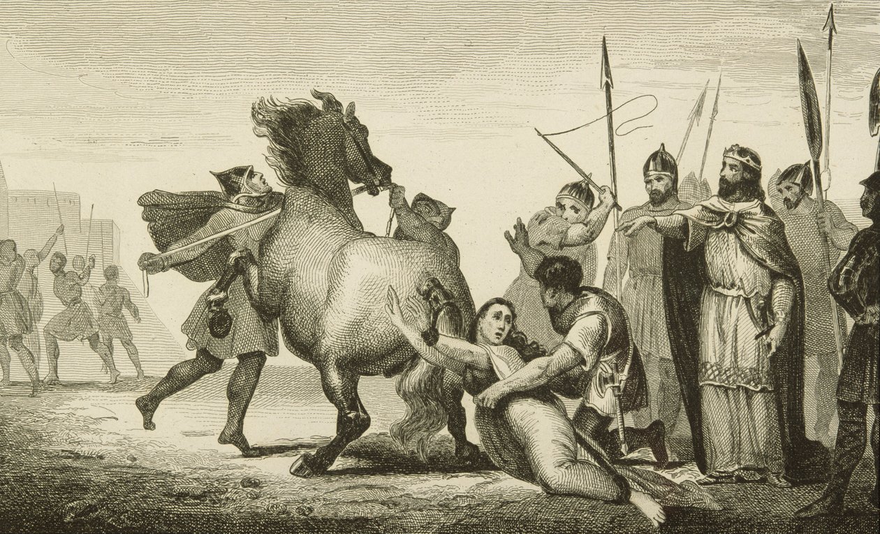 Colart द्वारा &39;हिस्टोइरे डी फ्रांस&39; से रानी ब्रूनहिल्डा (d.613) के शोषण पर क्लॉटायर II (584-629), प्रकाशित c.1840 द्वारा फ्रेंच स्कूल