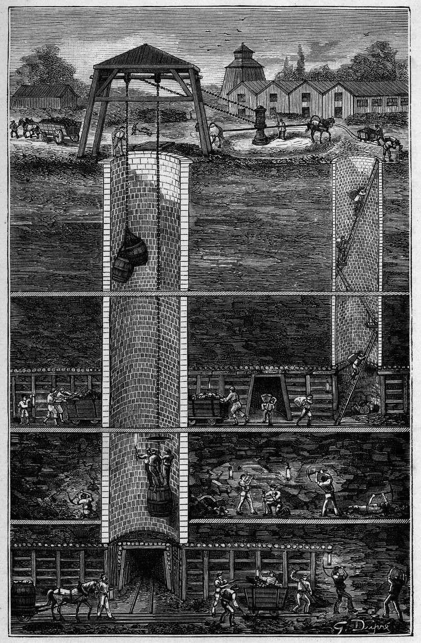 19वीं शताब्दी में कोयला खदानें - 19वीं शताब्दी में कोयला खदानों का खनन - एलेक्सिस क्लर्क द्वारा "" विज्ञान सभी की पहुंच में - लोकप्रिय भौतिकी और रसायन विज्ञान "में उत्कीर्णन - 19 वीं शताब्दी के अंत में - निजी संग्रह द्वारा फ्रेंच स्कूल