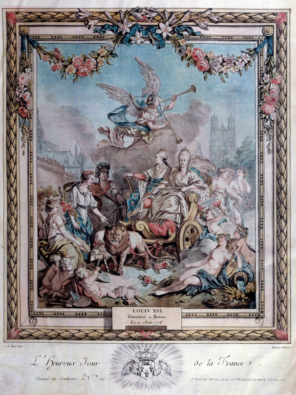 11/06/1775 को रिम्स में लुई सोलहवें (1754-1793) के राज्याभिषेक का स्मरणोत्सव। उत्कीर्णन। पेरिस। शस्त्रागार की लाइब्रेरी द्वारा फ्रेंच स्कूल