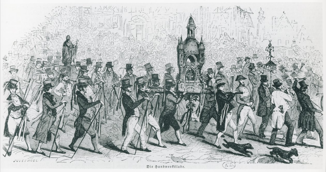 टूर डी फ्रांस के साथी जश्न मना रहे हैं, c. 1845 (उत्कीर्णन) (बी/डब्ल्यू फोटो) द्वारा फ्रेंच स्कूल