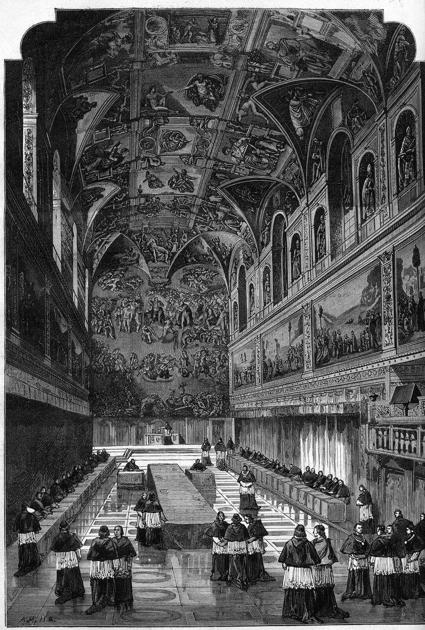 १८७८ का कॉन्क्लेव: पोप पायस IX के उत्तराधिकारी, लियोन XIII को चुनने के लिए मतदान के दौरान सिस्टिन चैपल के इंटीरियर का दृश्य। 23 मार्च 1878 के "" ले मोंडे इलस्ट्रे"" एन ° 1095 में उत्कीर्णन। द्वारा फ्रेंच स्कूल