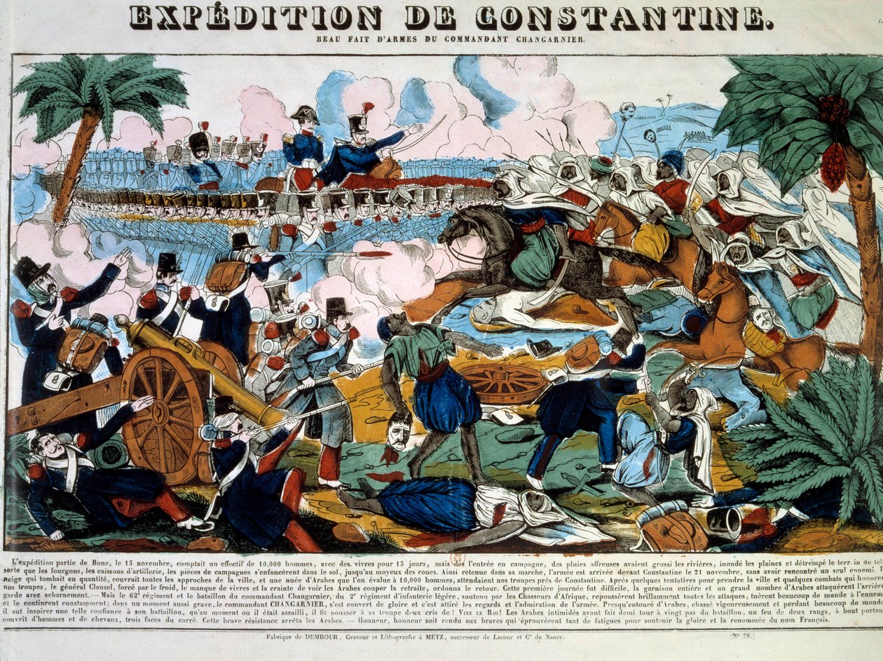 Conquete de l'Algerie: "" एक्सपीडिशन डी कॉन्स्टेंटाइन एन नवंबर 1837"" 19 वीं सदी के निजी संग्रह की नक्काशी द्वारा फ्रेंच स्कूल