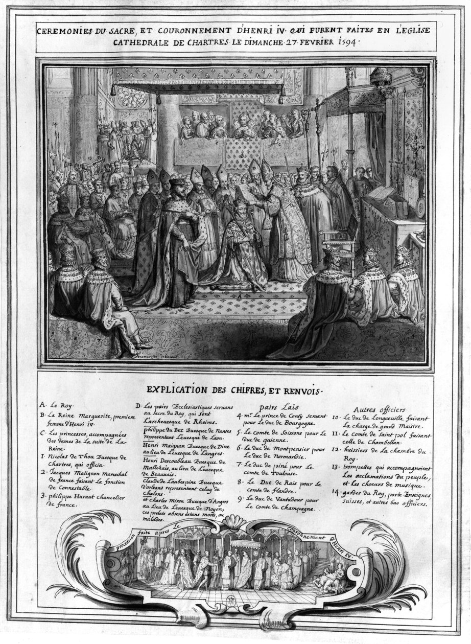 27 जनवरी 1594 को चार्टरेस कैथेड्रल में हेनरी चतुर्थ (1553-1610) की भागीदारी और राज्याभिषेक, 16 वीं शताब्दी के अंत में द्वारा फ्रेंच स्कूल