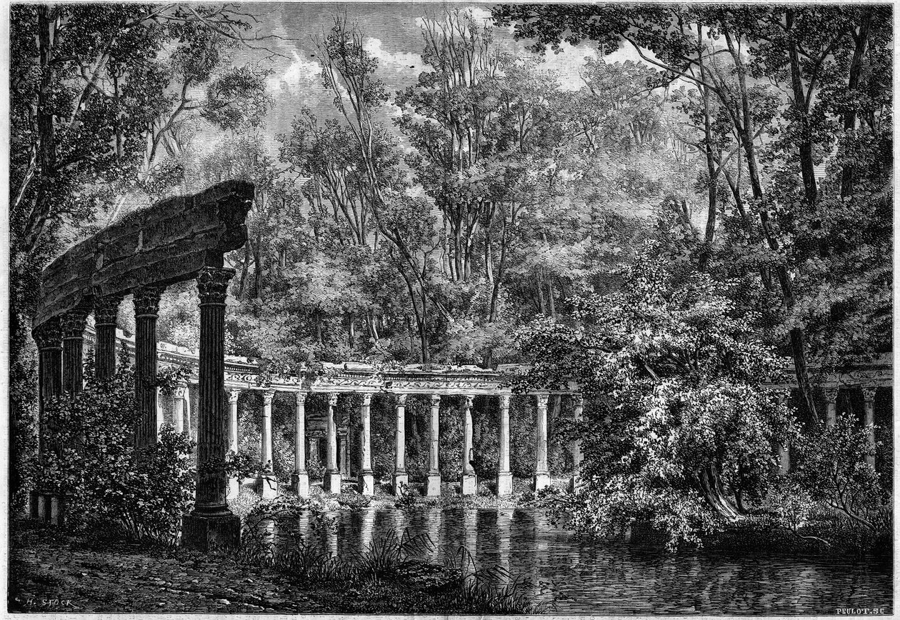 Parc de Monceau, Paris . में अंडाकार बेसिन के चारों ओर कोरिंथियन उपनिवेश द्वारा फ्रेंच स्कूल