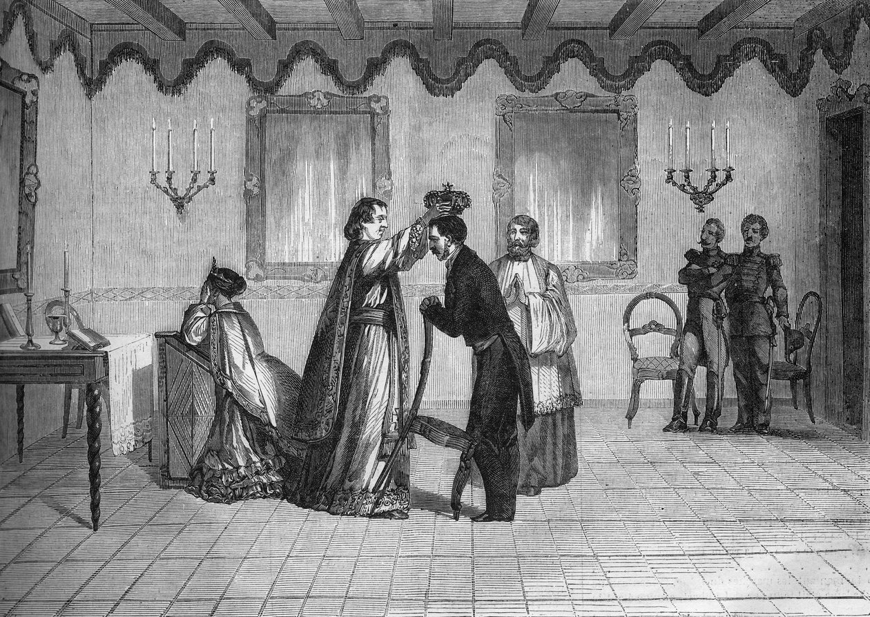 मेडागास्कर के राजा रादामा द्वितीय का राज्याभिषेक (1829-1863) फ्रांसीसी कैथोलिक पादरी जौएन द्वारा फ्रेंच स्कूल