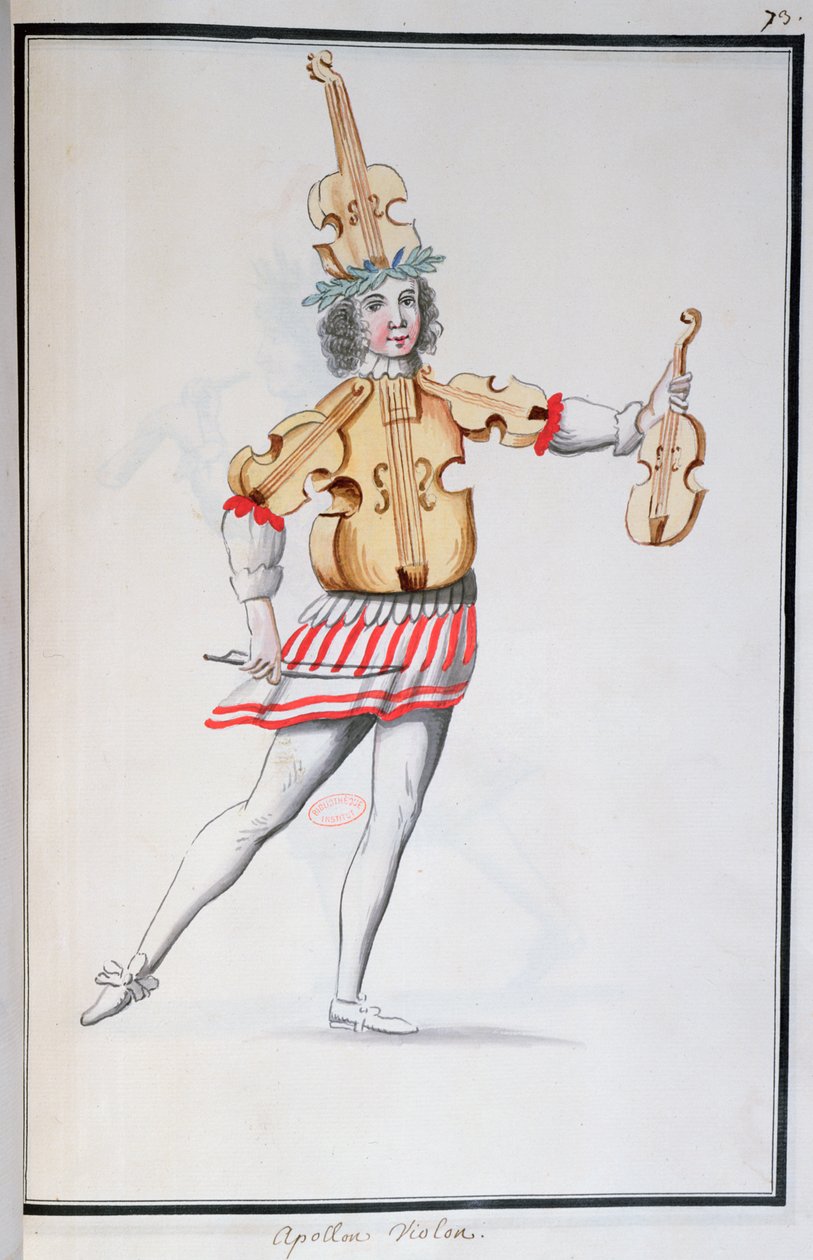 जीन-बैप्टिस्ट लुली (1632-87) द्वारा बैले डी ला नुइट के लिए अपोलो-वायलिन की पोशाक, लुईस XIV द्वारा नृत्य, 23 फरवरी 1653 (कागज पर wc) द्वारा फ्रेंच स्कूल