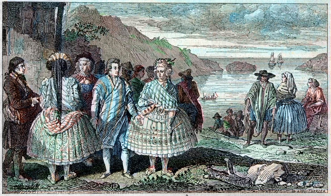 ला कॉन्सेप्शन (चिली) के निवासियों की वेशभूषा - 1785-1788, पेरिस 1797 के दौरान दुनिया भर में एटलस डू वोयाज डे ला पेरौस (लेपरहाउस)। द्वारा फ्रेंच स्कूल
