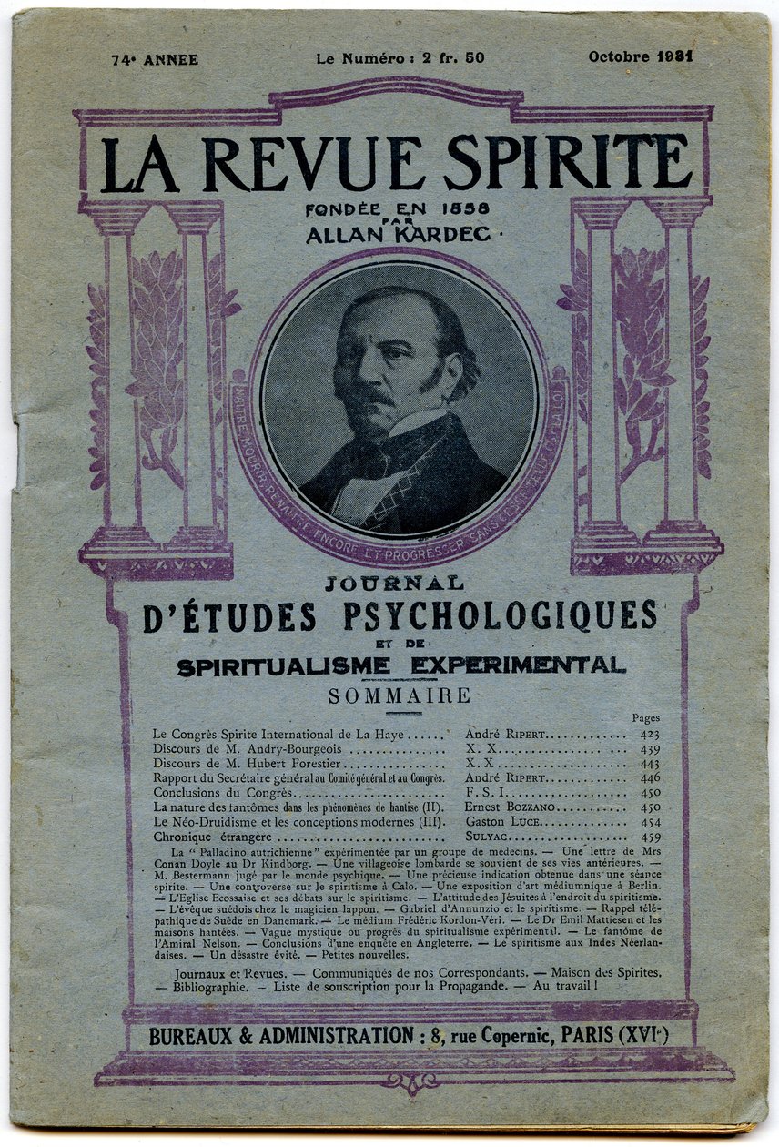 अक्टूबर 1931 की पत्रिका, एलन एलन कारडेक के चित्र, "ला रिव्यू स्पिरिटाइट" का एक कवर द्वारा फ्रेंच स्कूल