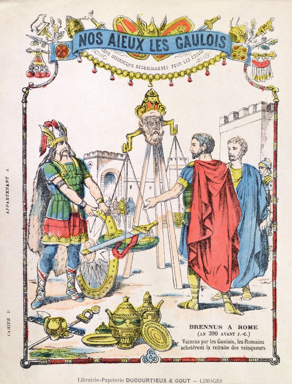 Brennus (fl। C.389 ईसा पूर्व) की कथा को दर्शाती स्कूल व्यायाम पुस्तक का कवर द्वारा फ्रेंच स्कूल