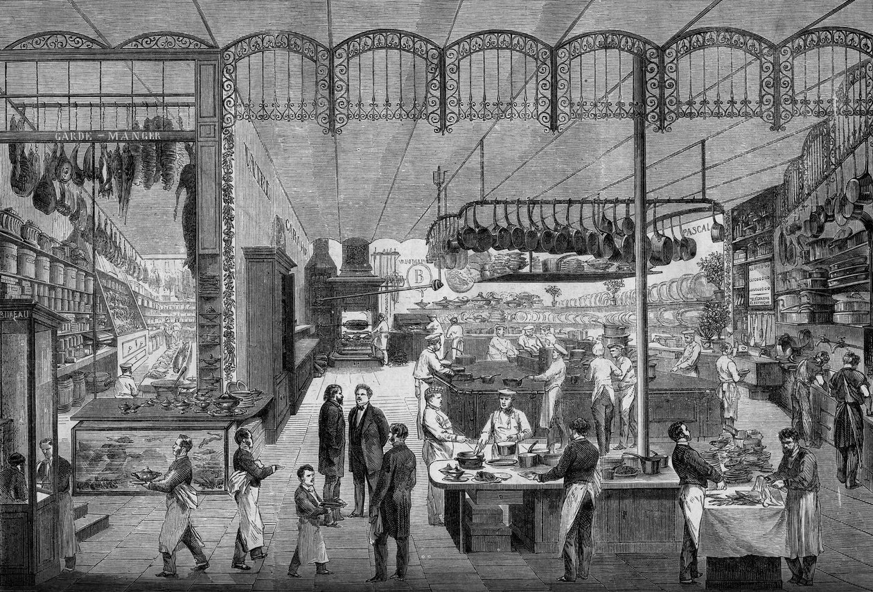 1866 में पेरिस में कैफे रिचे की रसोई में काम करते रसोइया और वेटर। 3 नवंबर, 1866 के "" ले मोंडे इलस्ट्रे "" n ° 499 में उत्कीर्णन। द्वारा फ्रेंच स्कूल
