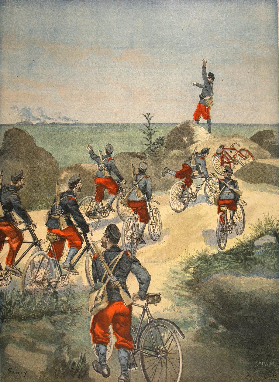 क्यूबा के तट पर साइकिल सेवा, ले पेटिट जर्नल से चित्रण: पूरक चित्रण, 1898 द्वारा फ्रेंच स्कूल