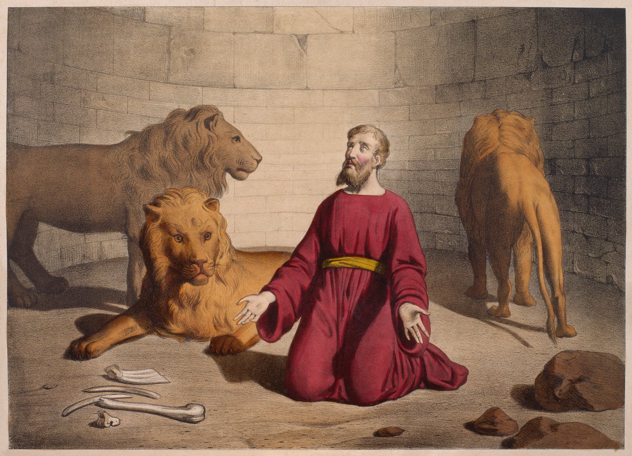 शेरों की मांद में डैनियल, एक catechism LHistoire सैंटे से चित्रण, चार्ल्स डेलग्रेव द्वारा प्रकाशित, पेरिस, 19 वीं सदी के अंत में द्वारा फ्रेंच स्कूल