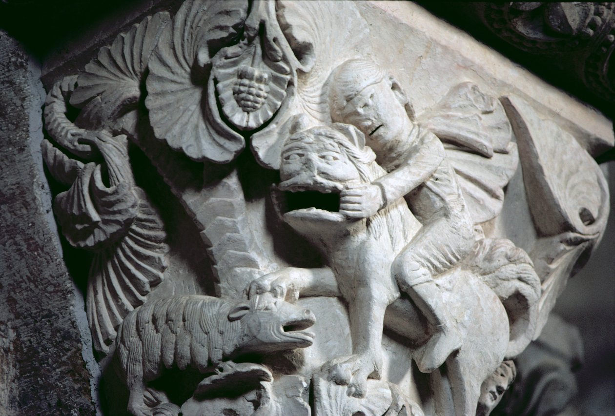 डेविड स्लेइंग द लायन (एक राजधानी का विवरण) c.1130 (पत्थर) द्वारा फ्रेंच स्कूल