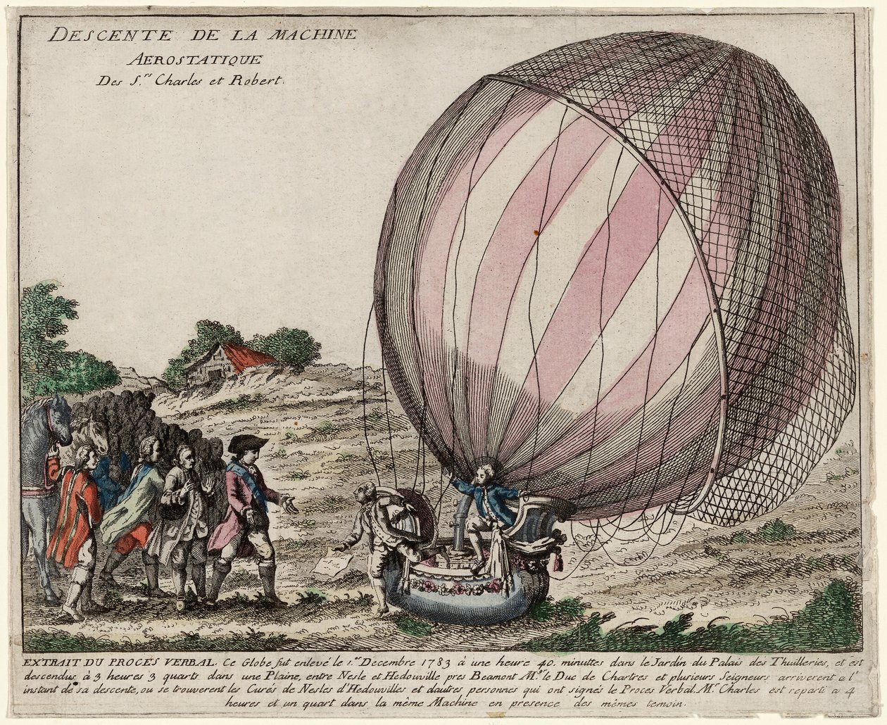 सीनियर्स की एयरोस्टैटिक मशीन का अवतरण। चार्ल्स और रॉबर्ट, पब। 1783 (हाथ से रंगी हुई नक्काशी) द्वारा फ्रेंच स्कूल