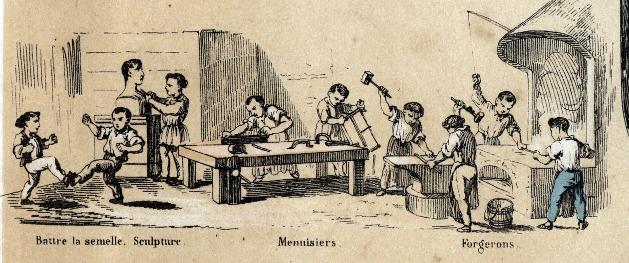 बच्चों के अवकाश और खेल का विवरण: छोटे लड़कों द्वारा वयस्क मीटर (मूर्तिकार, लोहार और बढ़ई) सीखना। प्लेट "" लेस जेक्स डी ल'एनफेंस"" में "" लेस रिक्रिएशन इंस्ट्रक्टिव्स "" जूल्स डेलब्रुक द्वारा सिनोप्टिक पेंटिंग, 18 द्वारा फ्रेंच स्कूल
