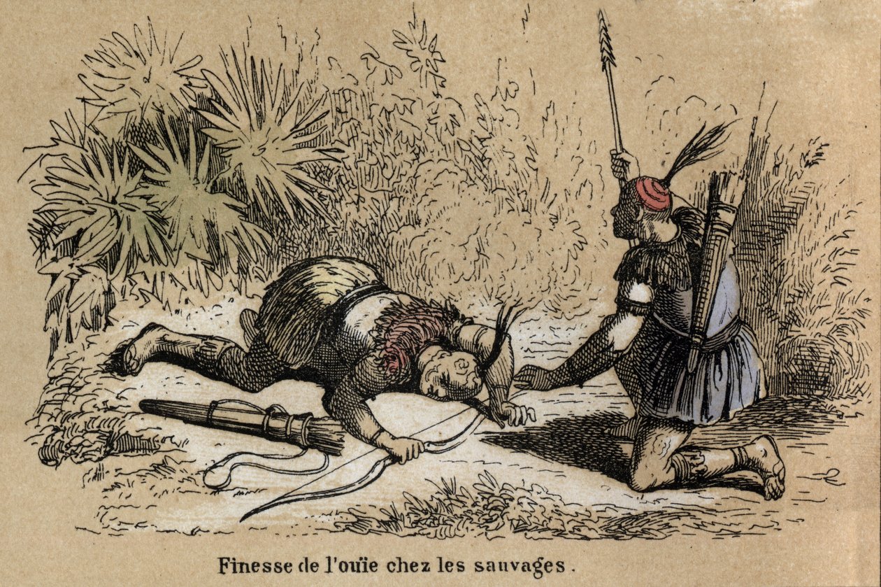 पांच इंद्रियों का विवरण: श्रवण, श्रवण का विवरण स्वदेशी आबादी में अधिक विकसित और ठीक लगता है। प्लेट "" लेस सिनक सेंस "" में "" लेस रिक्रिएशन इंस्ट्रक्टिव्स "" जूल्स डेलब्रुक द्वारा सिनॉप्टिक पेंटिंग, 1860 से उत्कीर्ण। द्वारा फ्रेंच स्कूल