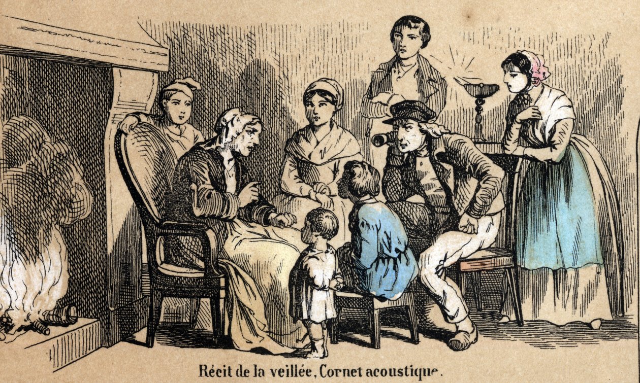 पांच इंद्रियों का विवरण: श्रवण का विवरण, कॉटेज में रात के दौरान पाठ, एक बूढ़ा व्यक्ति एक ध्वनिक शंकु का उपयोग करता है। प्लेट "" लेस सिनक सेंस "" में "" लेस रिक्रिएशन इंस्ट्रक्टिव्स "" जूल्स डेलब्रुक द्वारा सिनॉप्टिक  द्वारा फ्रेंच स्कूल