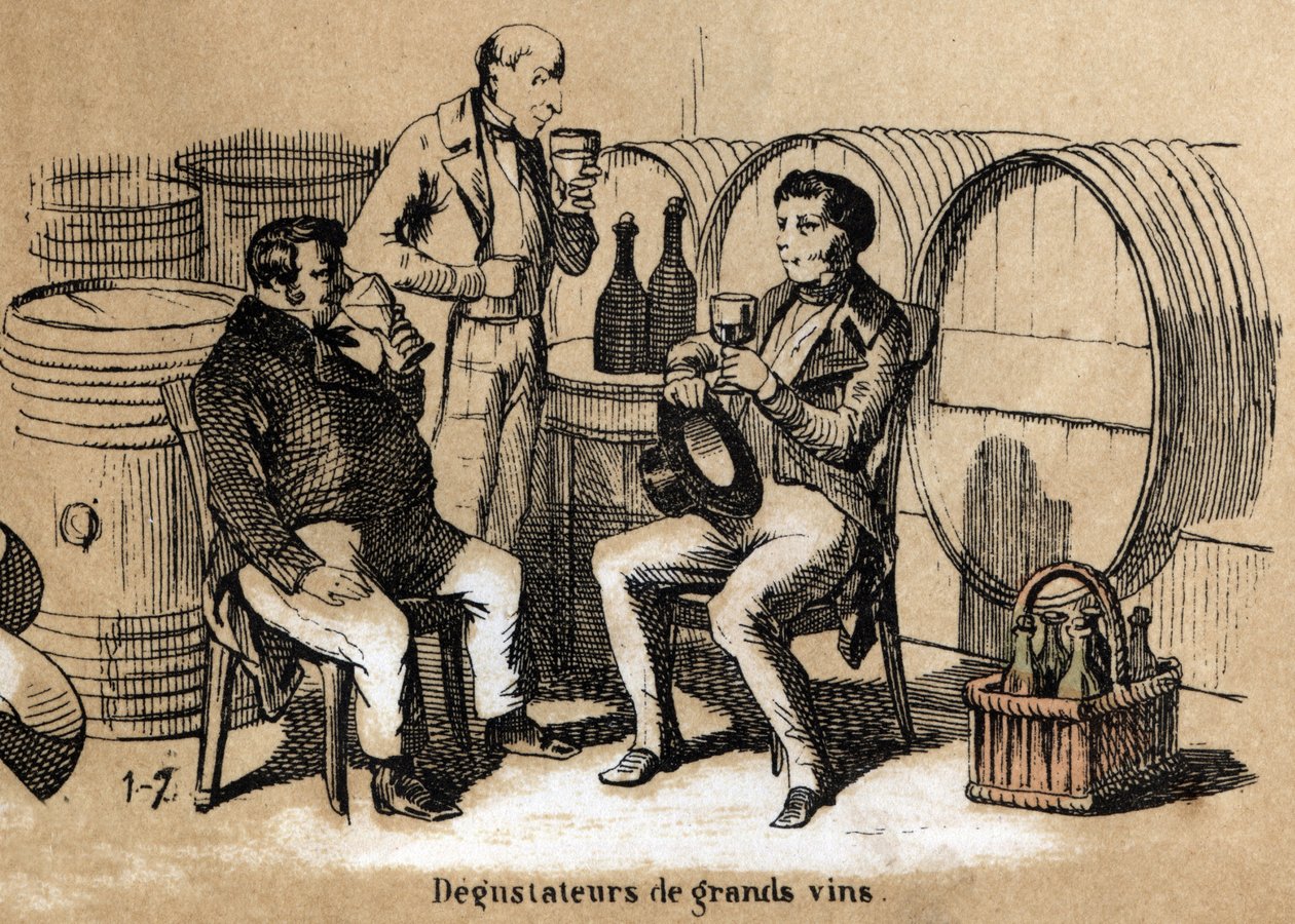 पांच इंद्रियों का विवरण: स्वाद का विवरण, एक तहखाने में विकसित तालू के स्वाद के गिलास में बढ़िया वाइन का स्वाद। प्लेट "" लेस सिनक सेंस "" में "" लेस रिक्रिएशन इंस्ट्रक्टिव्स "" जूल्स डेलब्रुक द्वारा सिनॉप्टिक पेंटिंग, द्वारा फ्रेंच स्कूल